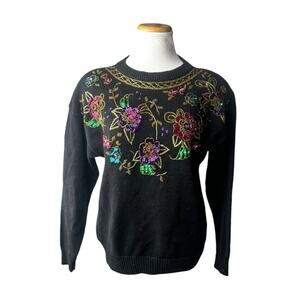 Trimmings Vintage Holiday Christmas Sequin Black Sweater Cotton‎ Medium Knit